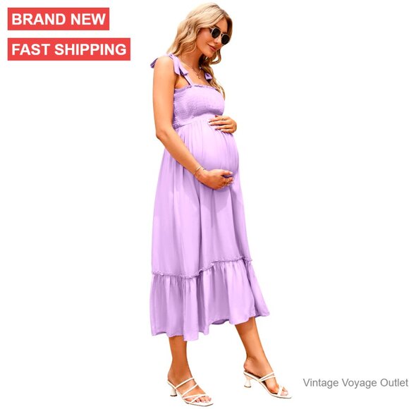 Maternity Maxi Dress Smocked Bust Spaghetti Strap Flowy Boho Summer Casual